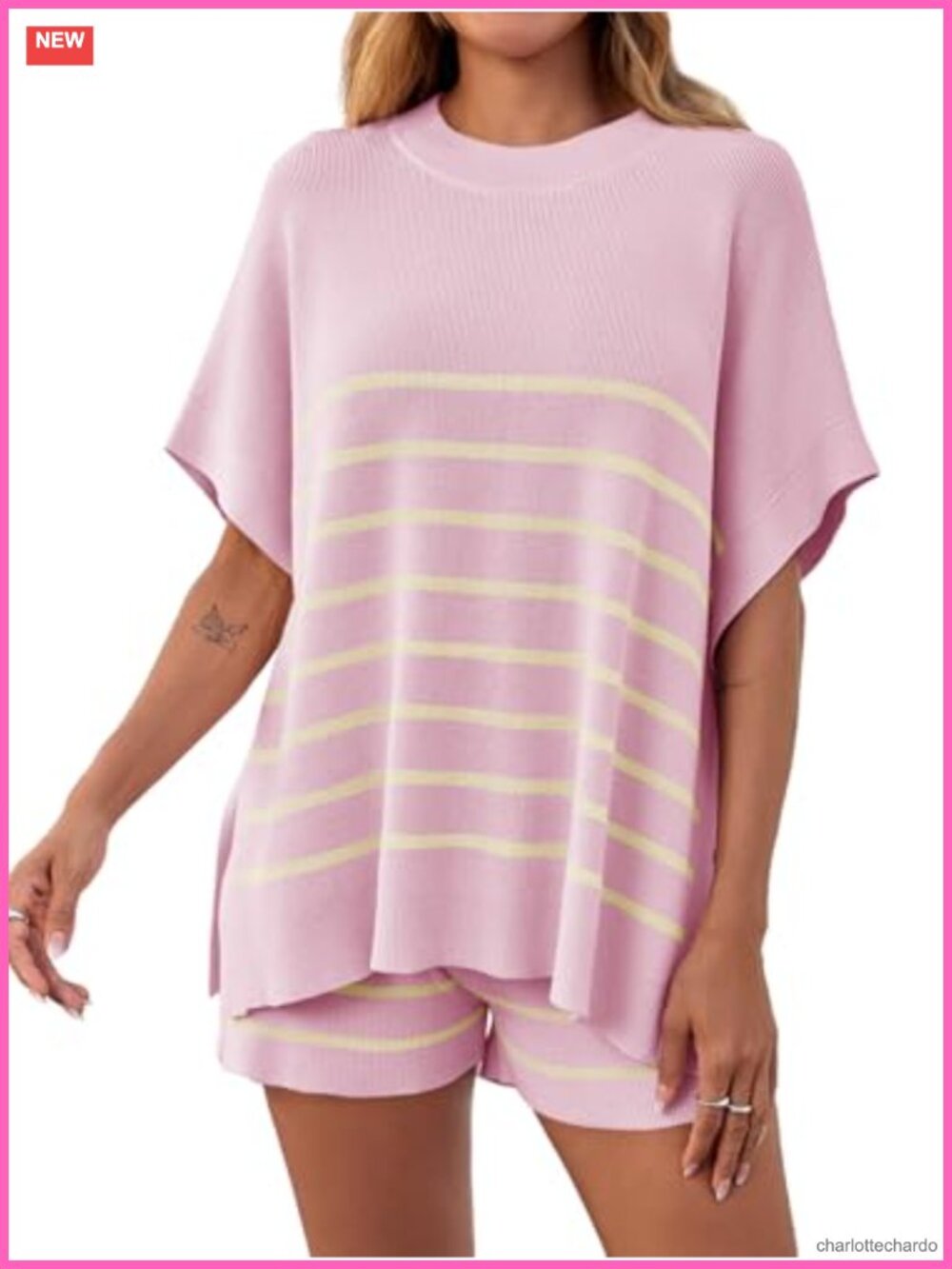 Striped 2 Piece Lounge Set Oversized Batwing Short Sleeve Top High Waisted